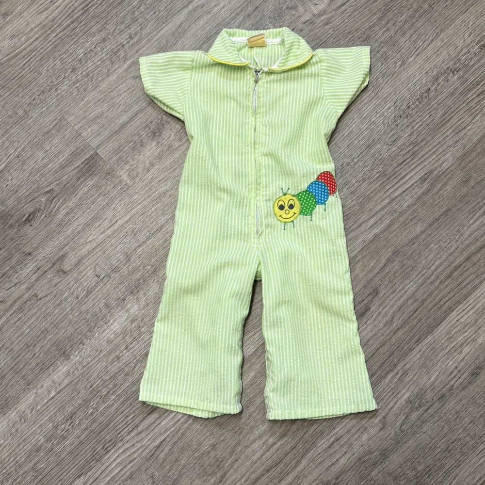 Vintage Toddle Time JCPenney Green Seersucker Caterpillar Jumpsuit Sz 1 16-23lbs